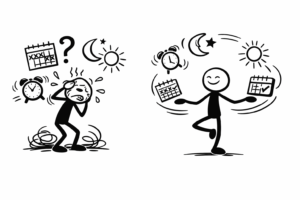 Strichmännchen bleibt stabil trotz wechselnder Bedingungen – Symbol für Anpassungsfähigkeit im Schichtdienst