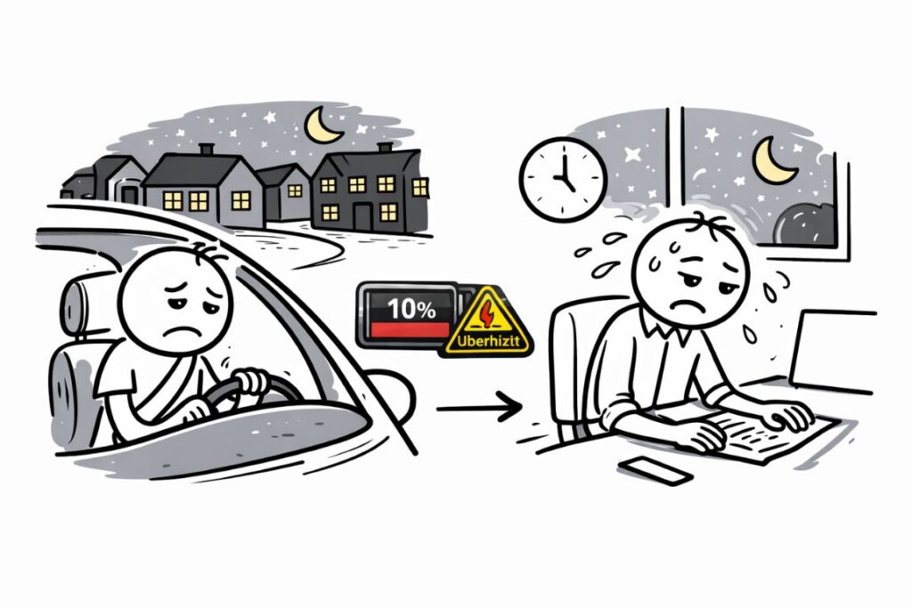 Akku-Symbol bei 10 Prozent mit Überhitzungs-Warnung als Metapher für Erschöpfung im Schichtdienst und mentale Überlastung