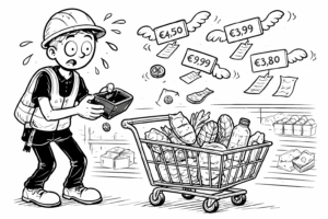 Strichmännchen tauscht Arbeitszeit gegen Geld und denkt über den wahren Wert von Geld und Lebenszeit nach, minimalistische schwarz-weiße Illustration.