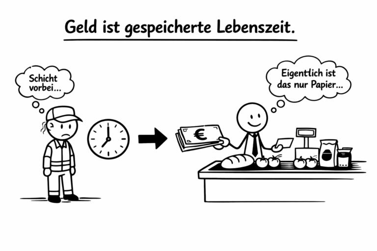 Illustration erklärt das Konzept „Was ist Geld“: Ein Arbeiter tauscht seine Arbeitszeit gegen Geld, das später im Alltag gegen Lebensmittel eingetauscht wird – Geld als gespeicherte Lebenszeit.